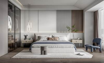 现代卧室 双人床 床头柜组合 休闲椅